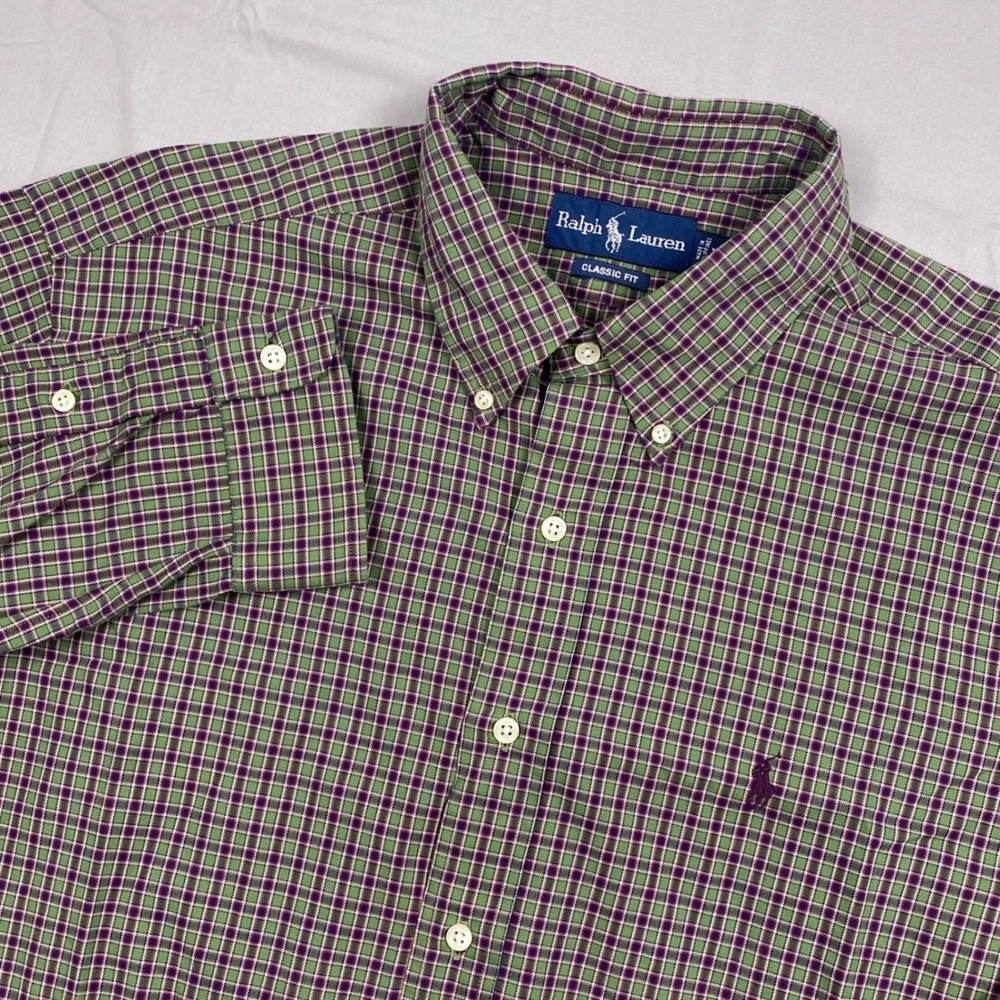 Ralph Lauren Classic Fit Button Down Shirt Mens XL Green Purple Plaid Cotton
